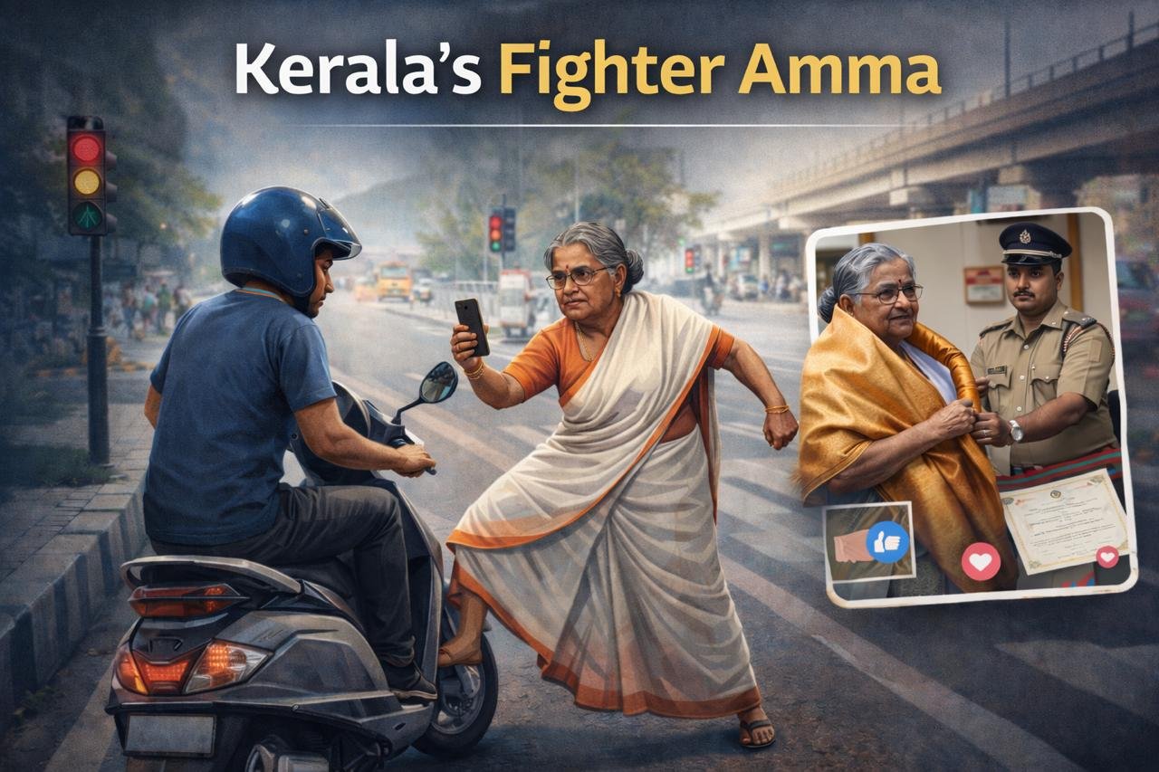 केरल में 72 साल की ‘फ़ाइटर अम्मा’ ने फ़ुटपाथ पर स्कूटर चलाने से रोका